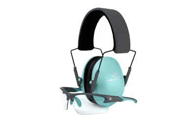 Radians Lowset Ladies Range Combo clear lens glasses with integral side shields and 21 dB earmuffs in charcoal and aqua