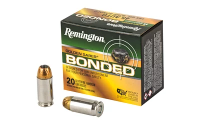 Remington Golden Saber Bonded 45 ACP 185 gr BJHP ammunition box and cartridges