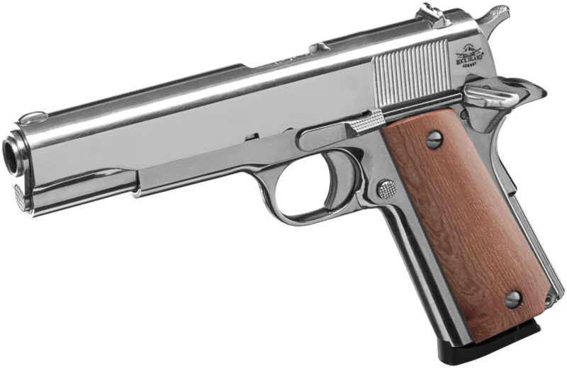 Rock Island Armory M1911A1 GI Standard 5in .45 ACP pistol polished nickel with wood grips and 8rd magazine