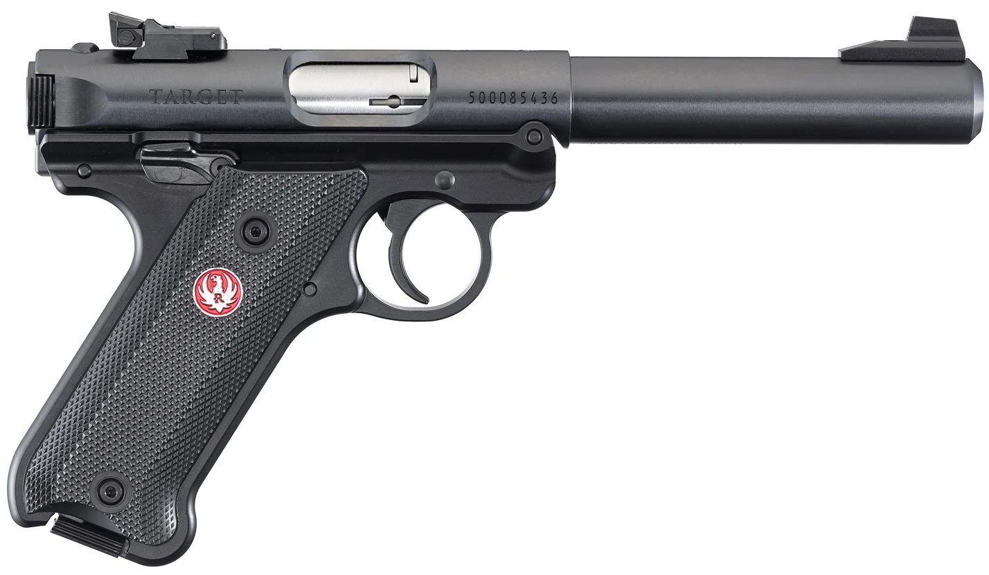 Ruger Mark IV Target .22 LR 5.5in blued bull barrel, checkered black synthetic grip, includes two 10-round magazines