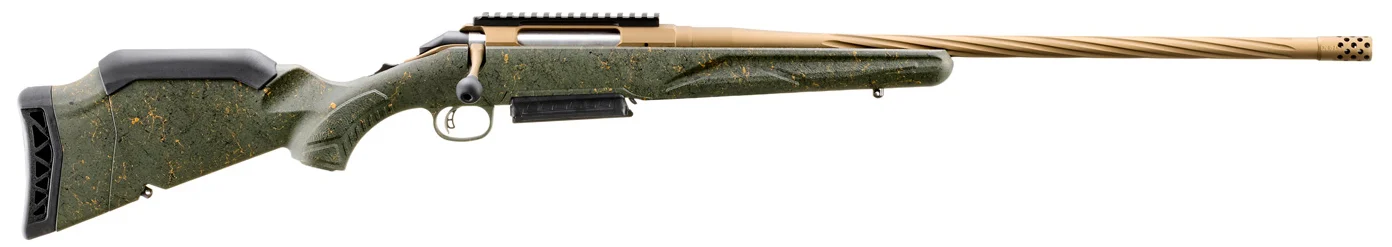Ruger American Gen II Predator 6.5 PRC rifle with 22-inch fluted threaded barrel and green splatter synthetic stock