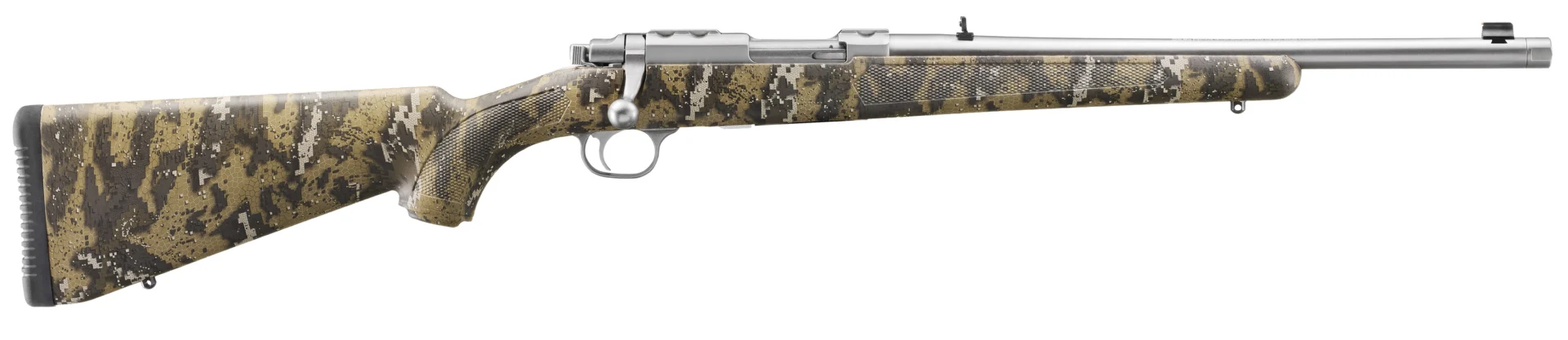 Ruger 77/44 .44 Magnum bolt-action rifle in Desolve camo with brushed stainless threaded barrel