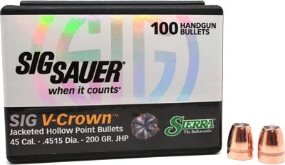 Sierra V-Crown .45 Cal 200 gr JHP bullets, 100 per box
