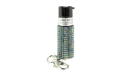 SABRE Jeweled Pepper Spray canister in black with snap clip and jeweled finish, 25 bursts