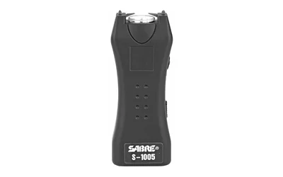 Sabre S1005BK mini stun gun with LED flashlight, belt holster and wrist strap in black
