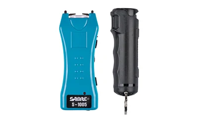 SABRE Multi-Range Protection Pack: teal stun gun with flashlight and black flip-top pepper spray