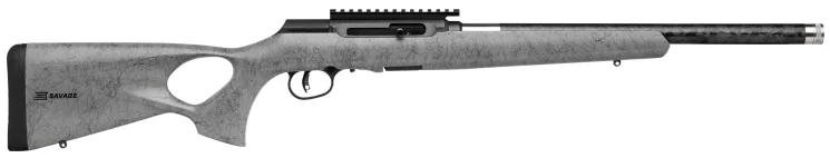 Savage A22 TimberLite thumbhole .22 LR rifle 18 in. threaded barrel grey black spiderweb