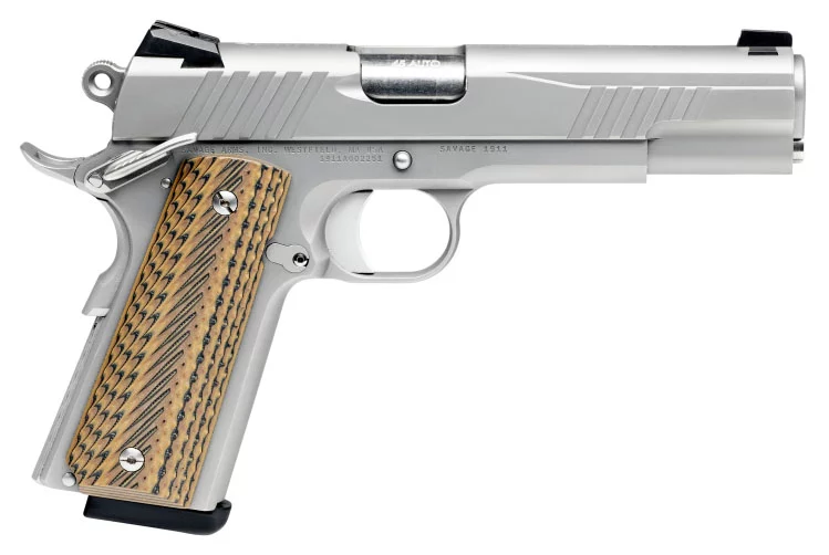 Savage 1911 Government 9mm 5-inch stainless pistol side view