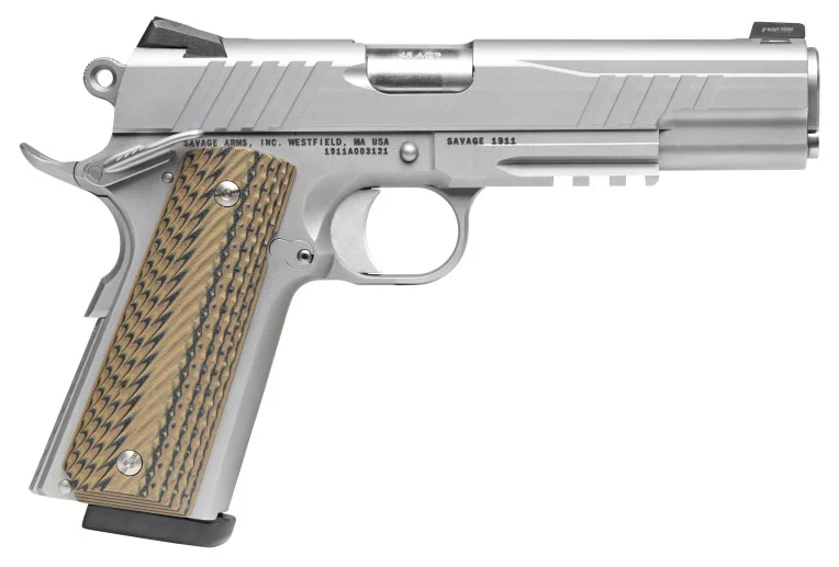 Savage 1911 Government 9mm 5in stainless steel pistol with rail and VZ G10 grips