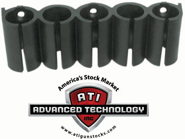 Advanced Technology SHOO500 black polymer 5-round 12 gauge shotshell holder mounted to stock