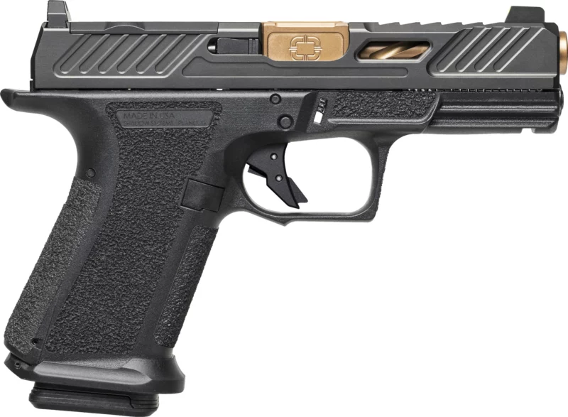 Shadow Systems MR920 Elite 9mm pistol with bronze fluted barrel and black polymer frame
