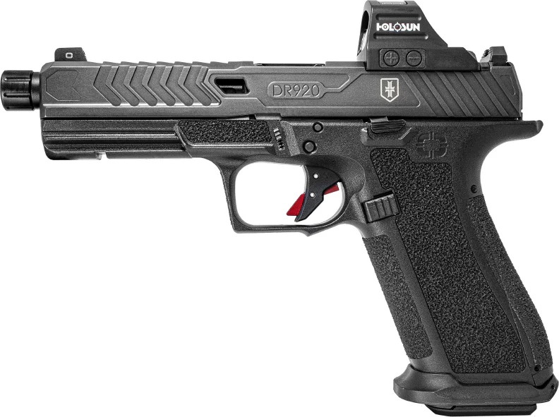 Shadow Systems DR920 War Poet 9mm pistol with Holosun 507C, threaded fluted barrel, black frame