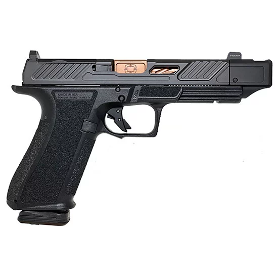 Shadow Systems DR920P Elite 9mm pistol, black frame with bronze spiral-fluted compensated barrel