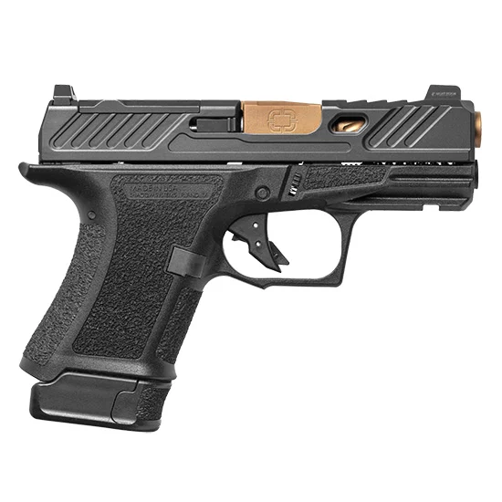 Shadow Systems CR920 Elite 9mm pistol with 3.41 inch spiral-fluted bronze barrel and black polymer frame