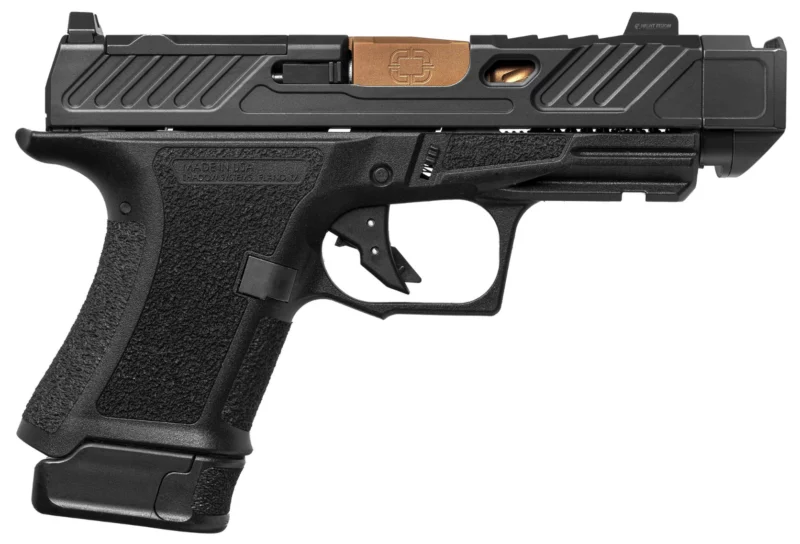 Shadow Systems CR920P Elite 9mm subcompact pistol, black frame, bronze spiral-fluted barrel, compensator