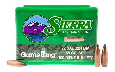 Sierra GameKing .22 Cal .224 65 gr Spitzer Boat Tail bullets, 100 count box