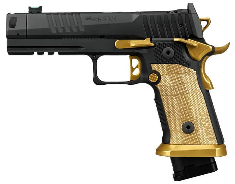 Sig Sauer P211 Spectre Comp 9mm pistol, 4.4 inch bull barrel, black finish with brass LOK grips
