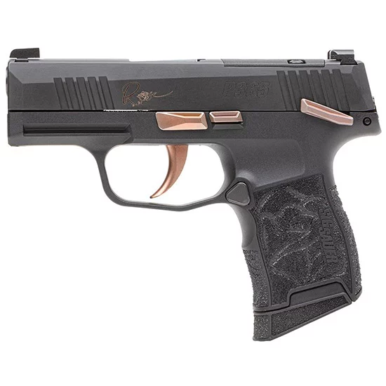 Sig Sauer P365 Rose .380 ACP 3.1in pistol with rose-gold controls and Vaultek Lifepod case