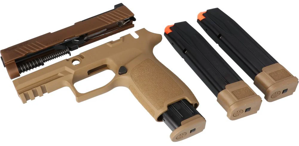 Sig Sauer CAL-X P320-M18 caliber conversion kit in coyote tan with 3.9in slide and magazines