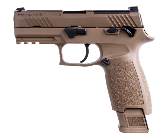 Sig Sauer P320 M18 9mm Coyote Tan 3.9in side view with SIGLITE sight