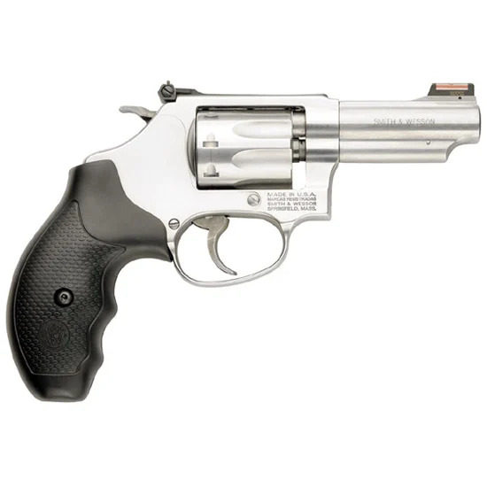 Smith & Wesson Model 63 satin stainless 3-inch .22 LR revolver with Hi‑Viz fiber optic front sight