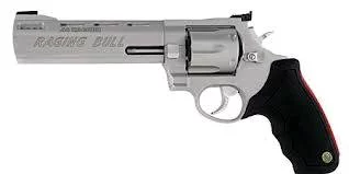 Taurus Raging Bull M444 .44 Magnum stainless revolver with 6.5 in barrel and black rubber grips, 6-round