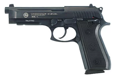 Taurus PT92 9mm 5-inch blued pistol with Picatinny rail and checkered rubber grips
