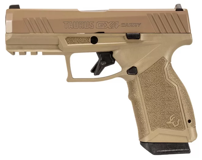 Taurus GX4 Carry 9mm pistol in Flat Dark Earth, 3.7 inch barrel, with two 15-round magazines