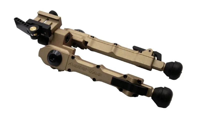 Accu-Tac BR-4 G2 ARCA QD FDE bipod in tan mounted to ARCA rail