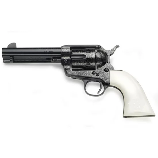 Taylors and Company 1873 Cattleman Outlaw Legacy .45 Long Colt 4.75 inch blued engraved revolver with ivory synthetic grips