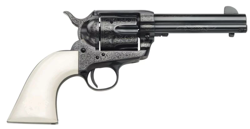 Taylors and Company 1873 Cattleman Outlaw Legacy .357 Magnum 4.75-inch blued engraved revolver with ivory synthetic grip