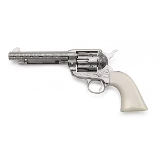 Taylors and Company TF Pietta 1873 Cattle Brand .357 Magnum revolver, nickel-plated engraved finish, ivory synthetic grip