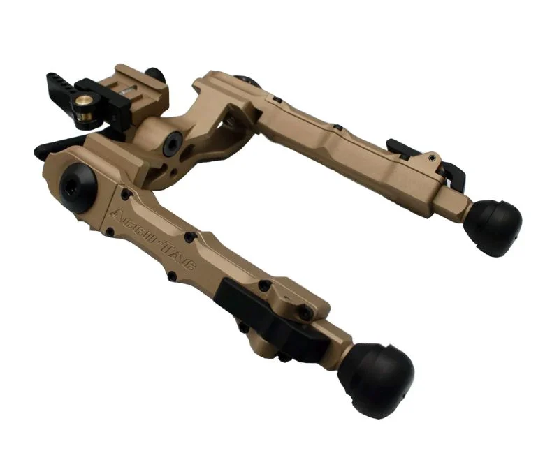 Accu-Tac WB-4 wide-body Picatinny bipod in tan (FDE) showing adjustable legs