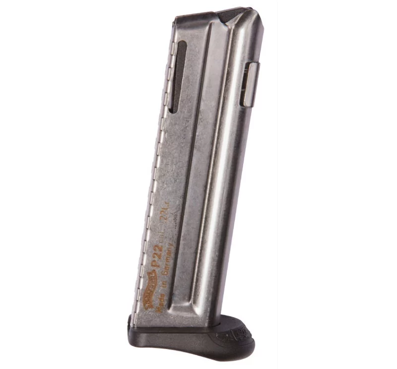 Walther P22Q 10rd stainless steel magazine with finger rest for .22 LR