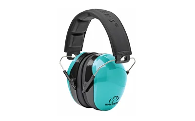 Walkers passive over-the-head earmuffs in aqua blue and black, 26 dB NRR