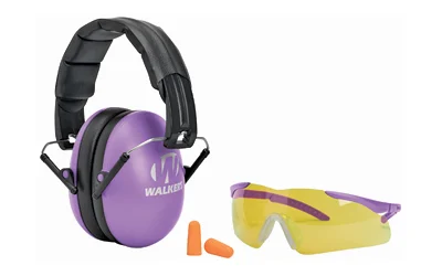 Walkers youth women's purple folding ear muffs with yellow shooting glasses and foam earplugs