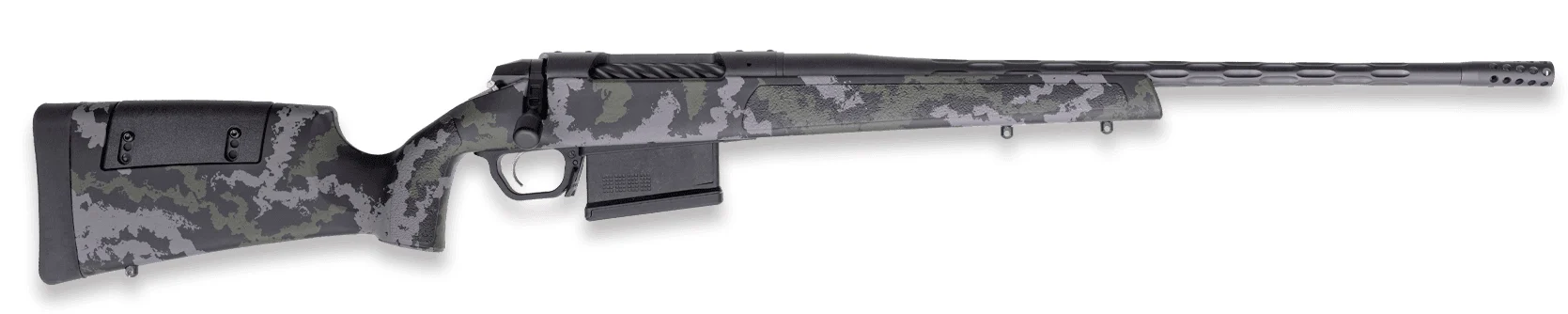 Weatherby 307 Range XP 2 6.5 PRC 22-inch bolt action rifle with green/grey adjustable synthetic stock