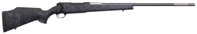 Weatherby Mark V Accumark 7mm PRC rifle with graphite black Cerakote receiver, fluted stainless barrel and black Monte Carlo