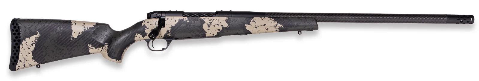 Weatherby Mark V Backcountry Guide rifle with Peak 44 Blacktooth carbon stock and 20 inch BSF carbon barrel