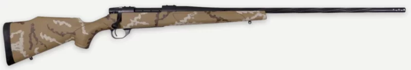 Weatherby Vanguard Outfitter .243 Winchester rifle Graphite Black Cerakote with tan Monte Carlo synthetic stock