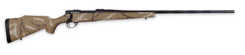 Weatherby Vanguard Outfitter rifle with tan Monte Carlo stock and black Cerakote finish