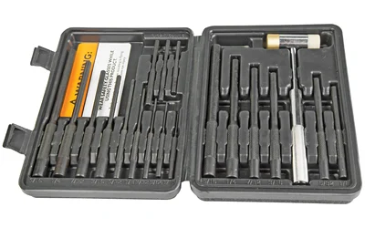 Wheeler Master Roll Pin Punch Set with hardened steel punches and 6 oz hammer in plastic case