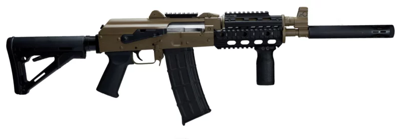 Zastava Arms ZPAP85 rifle in Flat Dark Earth Cerakote with quad rail and Magpul CTR stock