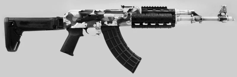 Zastava Arms ZPAPM70 7.62x39 white camo rifle with quad rail and Zhukov folding stock