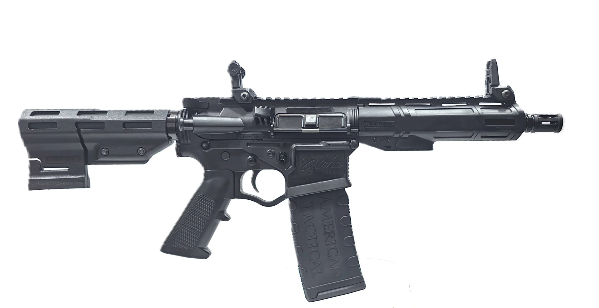 ATI Alpha Maxx HGA 7.5 inch 5.56 AR pistol with M-LOK handguard and flip-up sights