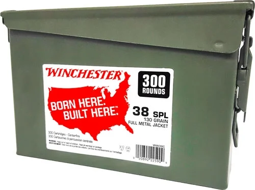Winchester .38 Special 130gr FMJ-RN ammunition in two 300-round metal ammo cans