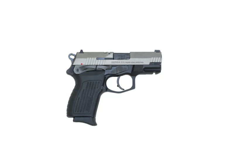Bersa TPR9C compact duo-tone 9mm pistol with serrated steel slide and textured black polymer grips