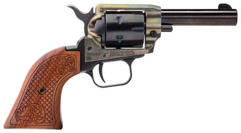Heritage Barkeep .22 LR revolver with scrolled wood grips and simulated case-hardened frame