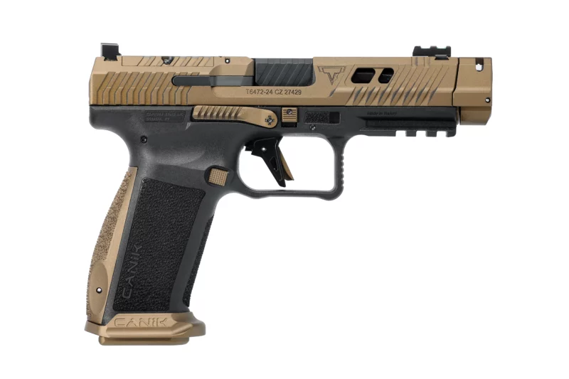 Canik TTI Combat 9mm pistol with flat dark earth slide and black polymer frame, 4.62 inch ported and fluted barrel