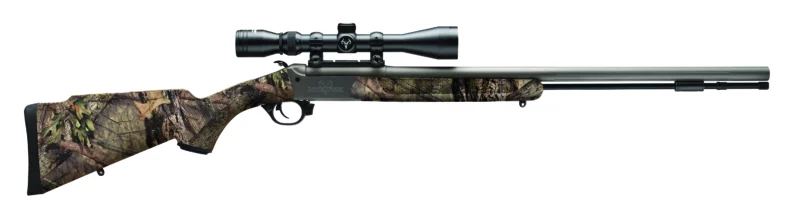 Traditions NitroFire .50 cal muzzleloader with 26-inch fluted barrel and mounted 3-9x40 scope in Mossy Oak camo